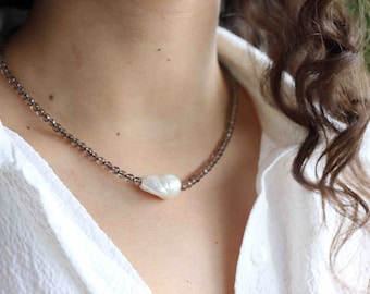 Baroque Pearl Necklace: Smoky Quartz Beaded Gemstone Jewelry