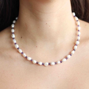 Natural Pearl Amethyst Necklace Handmade Amethyst Crystal Necklace Beaded Layering Summer Necklace Unique Necklace Birthday Gift for Her