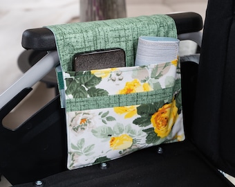 Green Floral Wheelchair Armrest Caddy - Rollator Pouch - Phone Holder Pocket - Handicap bag - Stylish Mobility Accessories Walker Organizer