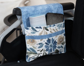Organizer armleuning rolstoel, accessoires mobiliteitshulpmiddelen, jeansblauw bloemen - kleine tas voor rolstoelen Rollator rollator zak telefoonhouder