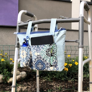 Walker Hanging Tote Bag with Pockets and Zipper, Rollator Caddy, Wheelchair Accessory Organizer, Mobility Aid for Senior, Gift for Grandma