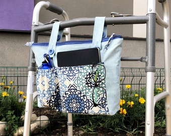 Walker Hanging Tote Bag with Pockets and Zipper, Rollator Caddy, Wheelchair Accessory Organizer, Mobility Aid for Senior, Gift for Grandma