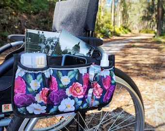 Organizer for Wheelchair Floral, Waterproof wheelchair arm rest bag, Rollstuhltasche, Wheelchair accessory bag with zippered pocket