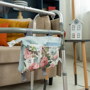 Walker or Rollator Tote Bag and Caddy Accessory with Zip Pockets, for Powerchair Wheelchair Scooter Mobility Aid, Floral Stroller Organizer