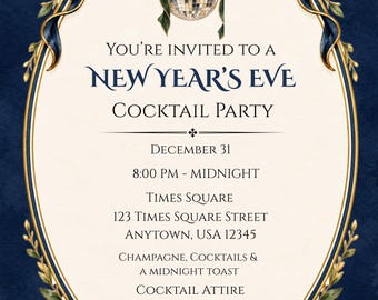 Invitation pour une soirée cocktail du Nouvel An : Aquarelle bleu marine et or (Téléchargement numérique)