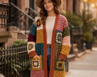 Crochet Coatigan Pattern PDF, Patchwork Granny Square Cardigan Guide, Made to Measure Long Crochet Coat, Boho Winter Sweater | Digital file