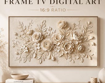 Grafika na telewizor z ramką z gipsu i motywem kwiatowym, neutralna dekoracja ścienna z kwiatami 3D do pobrania w wersji cyfrowej, elegancka beżowa grafika na telewizor Samsung Frame