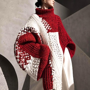 Avant Garde Crochet Sweater Pattern PDF, Red White Oversized Crochet Pullover, Asymmetrical Sweater Guide, Sculptural Sleeve Crochet Top