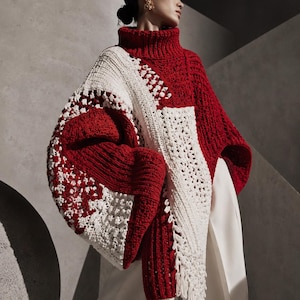 Padrão de suéter de crochê vermelho e branco de vanguarda, pulôver moderno feito à mão em PDF, design de suéter marcante