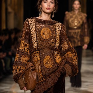 Puede incluir: Un suéter de ganchillo marrón con un diseño floral, combinado con pantalones de terciopelo marrón. El suéter tiene cuello redondo y mangas largas. Se sostiene un bolso de mano de cuero marrón con una cadena dorada. La modelo lleva pendientes dorados.
