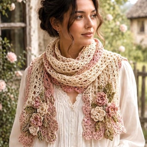 Padrão de cachecol de crochê estilo Cottagecore em PDF, tutorial para iniciantes de cachecol de renda com flores, guia de crochê romântico feito à mão | Download digital