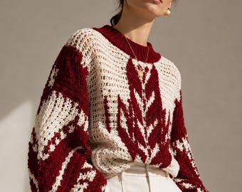 Luxury Red Ivory Crochet Sweater Pattern PDF, Editorial Oversized Pullover Guide, Dramatic Sleeve Crochet Jumper | Digital Download