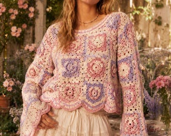 Romantic Floral Crochet Sweater Pattern PDF, Pastel Cottagecore Pullover Guide, Bell Sleeve Granny Motif Jumper with Scalloped Hem