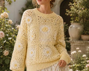 Light Yellow Daisy Crochet Sweater Pattern PDF, Cottagecore Granny Square Pullover, Buttercream Floral Lace Jumper Guide | Digital Download