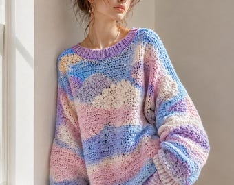 Pastel Clouds Crochet Sweater Pattern PDF, Oversized Balloon Sleeve Pullover, Fluffy Pastel Crochet Jumper Guide | Digital download