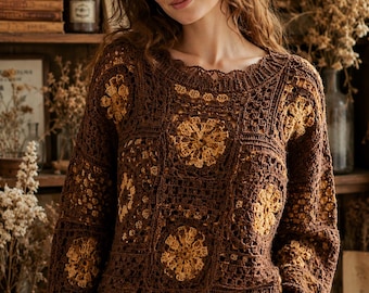 Brown and Gold Crochet Sweater Pattern PDF, Cottagecore Granny Square Pullover, Autumn Floral Patchwork Crochet Jumper Guide