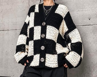 Oversized Checkerboard Crochet Cardigan Pattern PDF, Made to Measure Step by Step Streetwear Cardigan Tutorial |  Instant Download