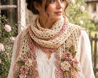 Cottagecore Crochet Scarf Pattern PDF, Beginner Lace Scarf Tutorial with Flowers, Handmade Romantic Crochet Guide | Digital Download