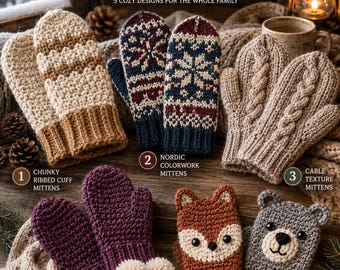 Crochet Winter Mittens Pattern Collection PDF, 5 Cosy Mitten Designs with Chunky Cuffs, Nordic Colourwork, Pom Poms and Kids Animal Mittens