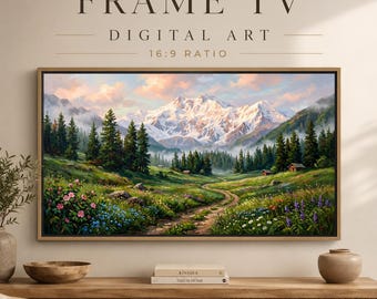 Bajkowe łąki w Pakistanie – ramka na telewizor, pobieranie cyfrowe ośnieżonych górskich krajobrazów, alpejska łąka – ramka na telewizor Samsung, grafika ścienna 16:9 – obraz natury