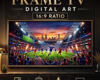 Grafika telewizyjna z ramką stadionu piłkarskiego, cyfrowe pobieranie formatu sportowego 16:9, grafika ścienna z meczem piłki nożnej na telewizor Samsung Frame, nowoczesna grafika do salonu