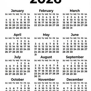 Könnte beinhalten: Ein Jahreskalender für 2026 mit schwarzem Text auf weißem Hintergrund. Das Layout zeigt zwölf Monate in drei Spalten und vier Reihen, wobei jeder Monat die Wochentage und die entsprechenden numerischen Daten auflistet.
