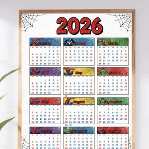 Calendario imprimible de superhéroes 2026 / Planificador estilo cómic / Descarga digital