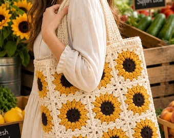 Sunflower Grandma Square Tote Bag Häkelanleitung, detaillierte anfängerfreundliche Häkelanleitung