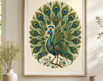 Ornate Peacock Wall Art, Emerald Green and Gold Peacock Print, Elegant Bird Poster, Luxury Botanical Home Decor |  Instant Download