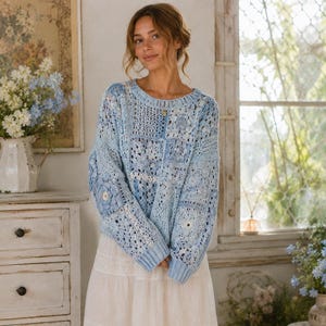Light Blue Cottagecore Crochet Sweater Pattern PDF, Lace Granny Square Pullover, Floral Patchwork Oversized Jumper Guide | Digital Download