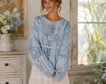 Light Blue Cottagecore Crochet Sweater Pattern PDF, Lace Granny Square Pullover, Floral Patchwork Oversized Jumper Guide | Digital Download