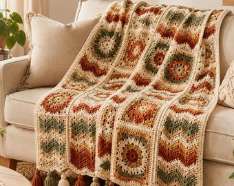 Bohemian Desert Crochet Blanket Pattern PDF, Granny Square Chevron Throw Guide, Terracotta Boho Crochet Blanket, Tassel Edge Afghan Pattern
