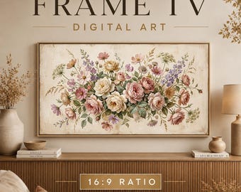 French Cottage Floral Frame TV Art, Vintage Rose Bouquet Digital Download, Shabby Chic Garden Samsung Frame TV Wall Art