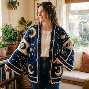 Könnte beinhalten: Ein marineblauer Häkelcardigan mit Himmelsmotiven. Der offene Cardigan hat cremefarbene Akzente, Taschen und ist mit Monden, Sternen und Sternbildern verziert. Die Ärmel sind weit und der Cardigan wird von einer Person getragen.