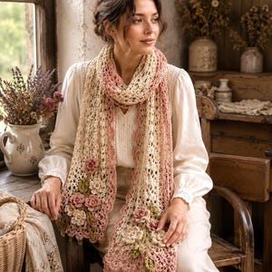 Close-up crochet scarf pattern showing cream lace stitches, dusty rose edging, and flower appliqué details.
Printable crochet scarf guide for beginners with step-by-step instructions and romantic floral scarf design.