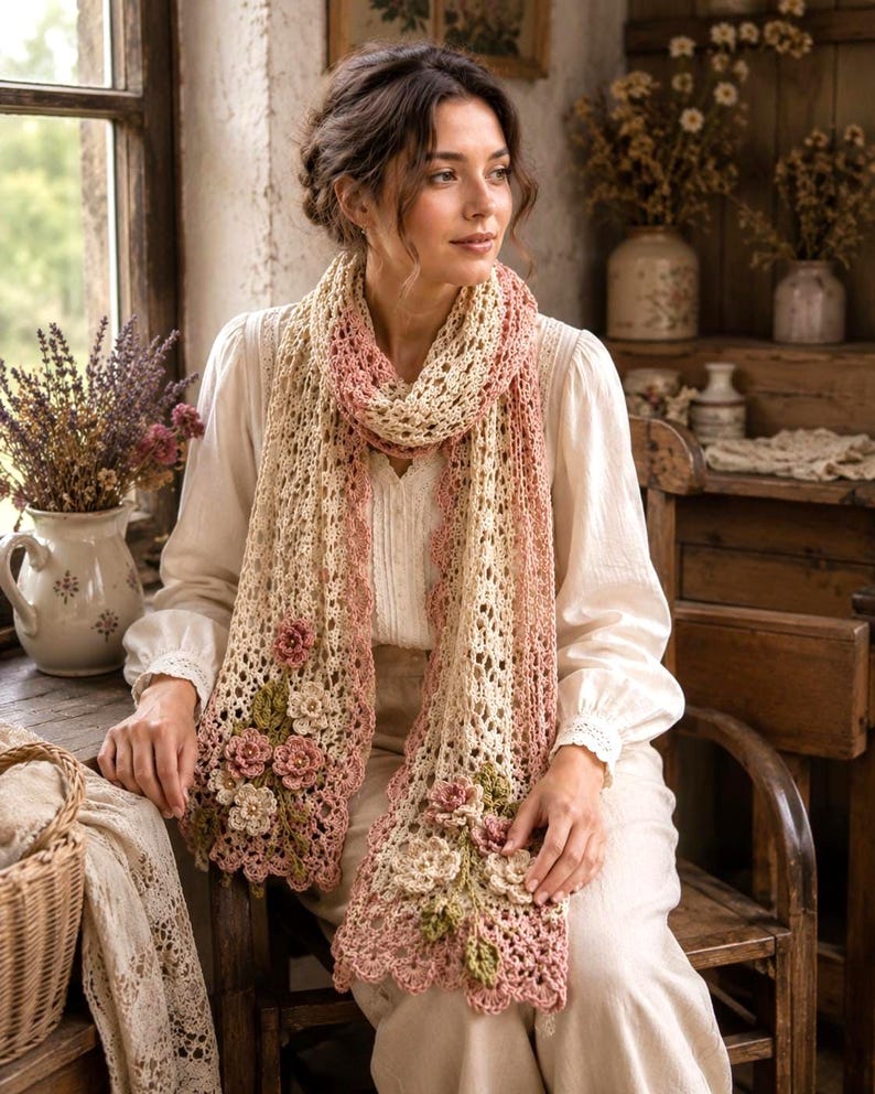 Close-up crochet scarf pattern showing cream lace stitches, dusty rose edging, and flower appliqué details.
Printable crochet scarf guide for beginners with step-by-step instructions and romantic floral scarf design.
