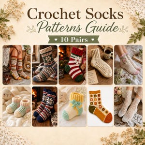 May include: A collection of ten pairs of crochet socks in various styles and colors. The image features socks with snowflake, floral, and geometric patterns. The text "Crochet Socks Patterns Guide" is displayed at the top.