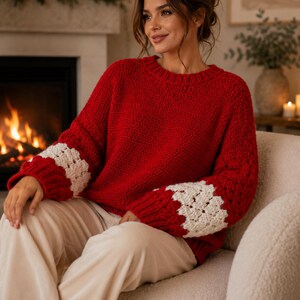 Statement Red and White Crochet Sweater Pattern Guide, Bold Handmade Pullover PDF for Women, Modern DIY Jumper Design