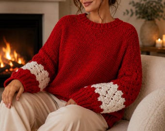 Red and White Crochet Sweater Pattern PDF,Chunky Holiday Pullover Guide, Oversized Winter Crochet Sweater,Easy Intermediate|Digital download