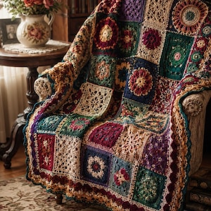 Può includere: Una coperta all'uncinetto fatta a mano composta da un patchwork di motivi quadrati in tonalità profonde di bordeaux, verde bosco, blu navy e crema. La coperta presenta intricati motivi floreali e geometrici con un bordo smerlato.