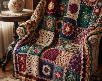 Vintage Patchwork Heirloom Crochet Blanket Pattern PDF, Jewel Tone Granny Square Sampler Afghan, Floral Medallion Lace Blanket Guide