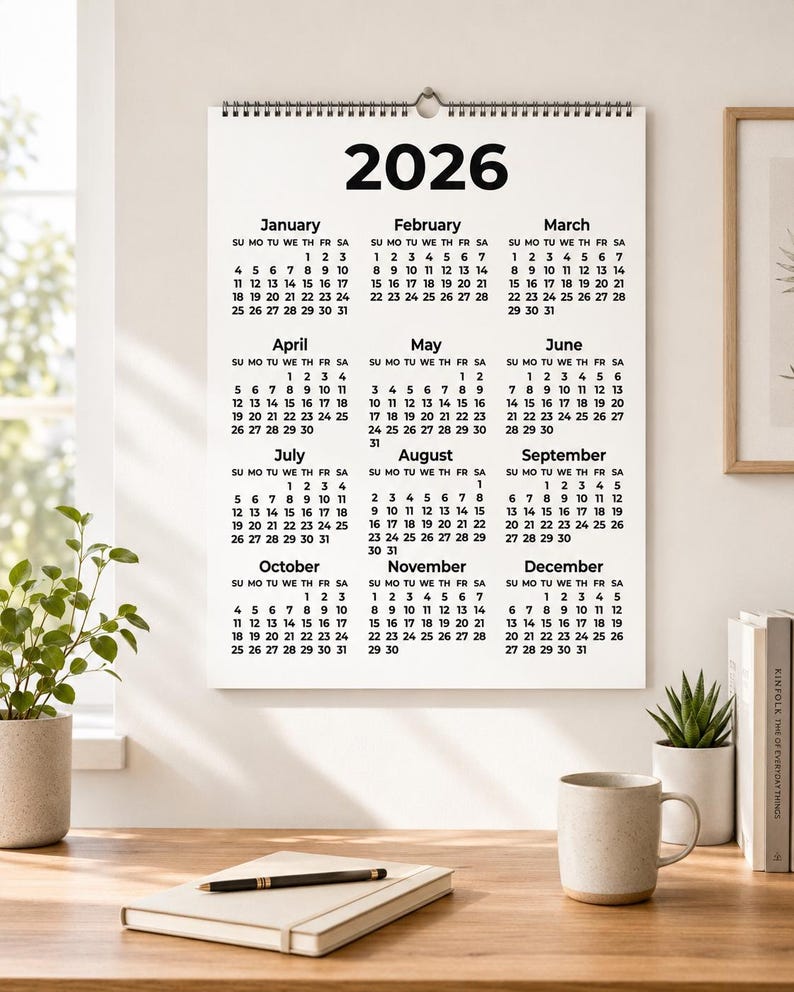 Printable 2026 calendar digital download with a simple year-at-a-glance design showing all 12 months on one easy-to-read page. This instant download includes black and white, coloured, and fantasy-style calendar versions in multiple sizes, ideal for printing at home and using for yearly planning, office organisation, school schedules, goals, holidays, deadlines, and important dates.