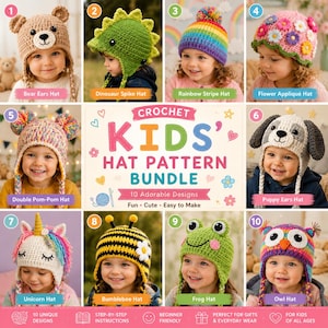 Kids Crochet Hat Pattern Bundle PDF – 10 Cute Animal & Character Beanie Patterns for Toddlers, Beginner Friendly Step-by-Step Guide