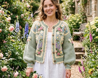 Cottage Garden Cardigan Crochet Guide PDF, Floral Crochet Cardigan Pattern, Measurement Based Sweater, Digital Download