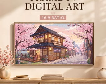 Fantazyjna japońska rama telewizora z herbaciarnią, cyfrowa wersja Cherry Blossom Cafe do pobrania, anime Sakura Street z ramą telewizora Samsung