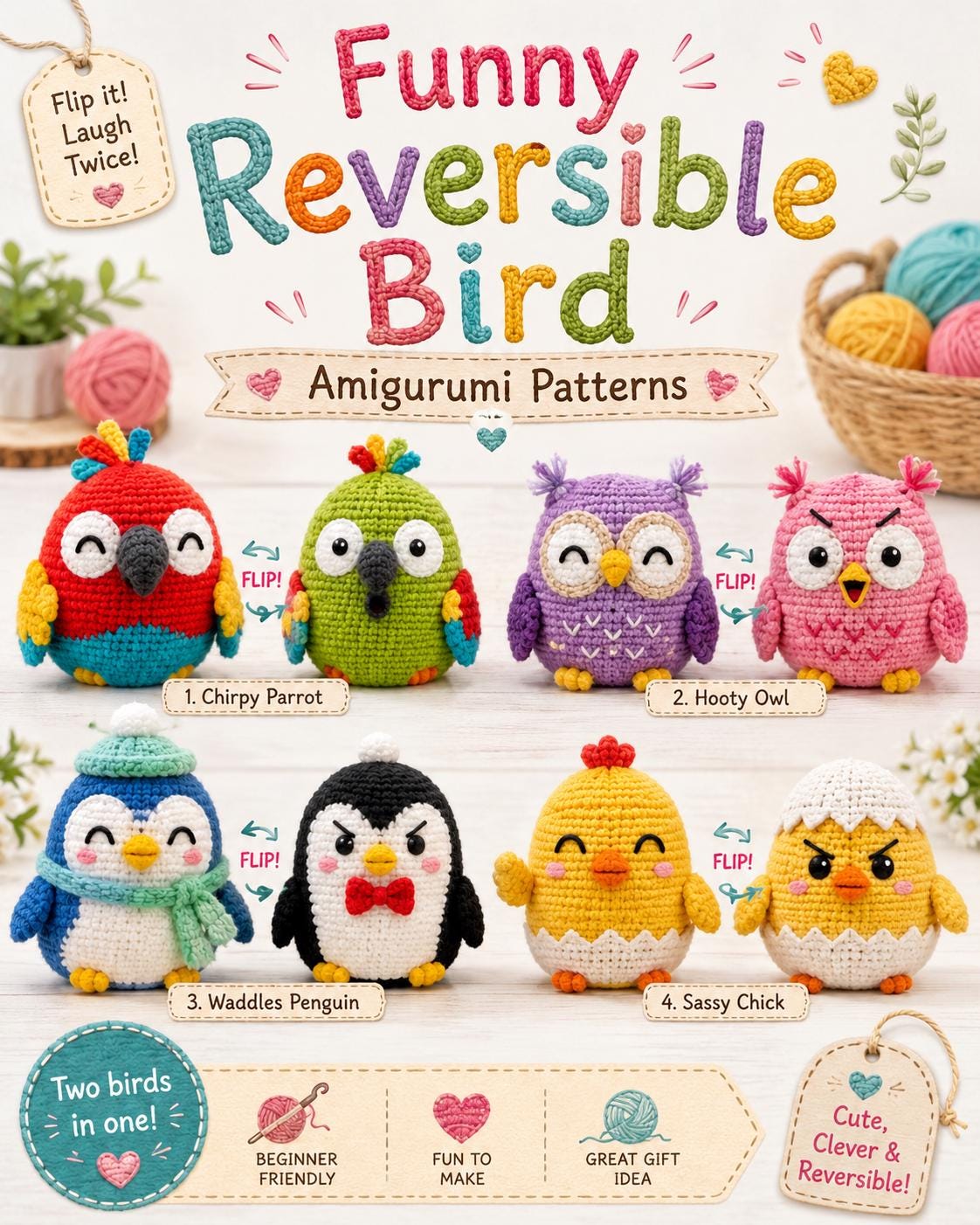 35 Funny Crochet Patterns to Add a Playful Twist to Your Next Project 1 Reversible Bird Amigurumi