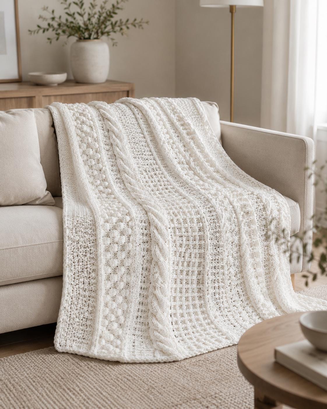 All White Textured Crochet Blanket