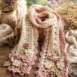 Cottagecore crochet lace scarf pattern with cream and dusty rose yarn, floral appliqués, and scalloped edges.