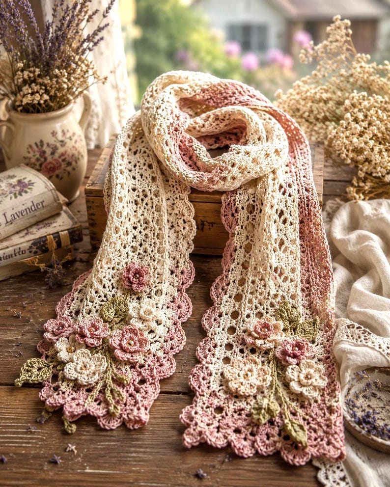 Cottagecore crochet lace scarf pattern with cream and dusty rose yarn, floral appliqués, and scalloped edges.