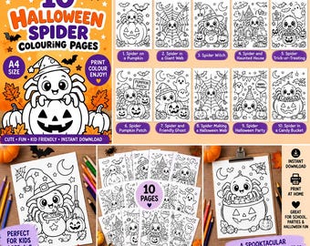 Cute Halloween Spider Coloring Pages for Kids, 10 Printable A4 Halloween Coloring Sheets, Spider Pumpkin Ghost Witch Activity PDF,